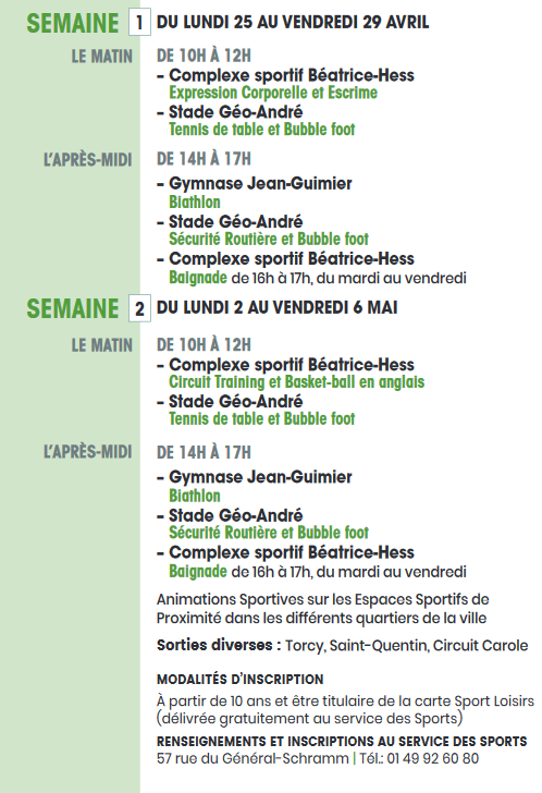 Activités vacances avril 2022