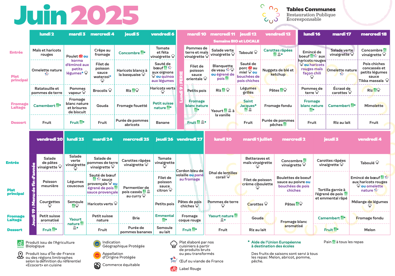 Menu juin 2025